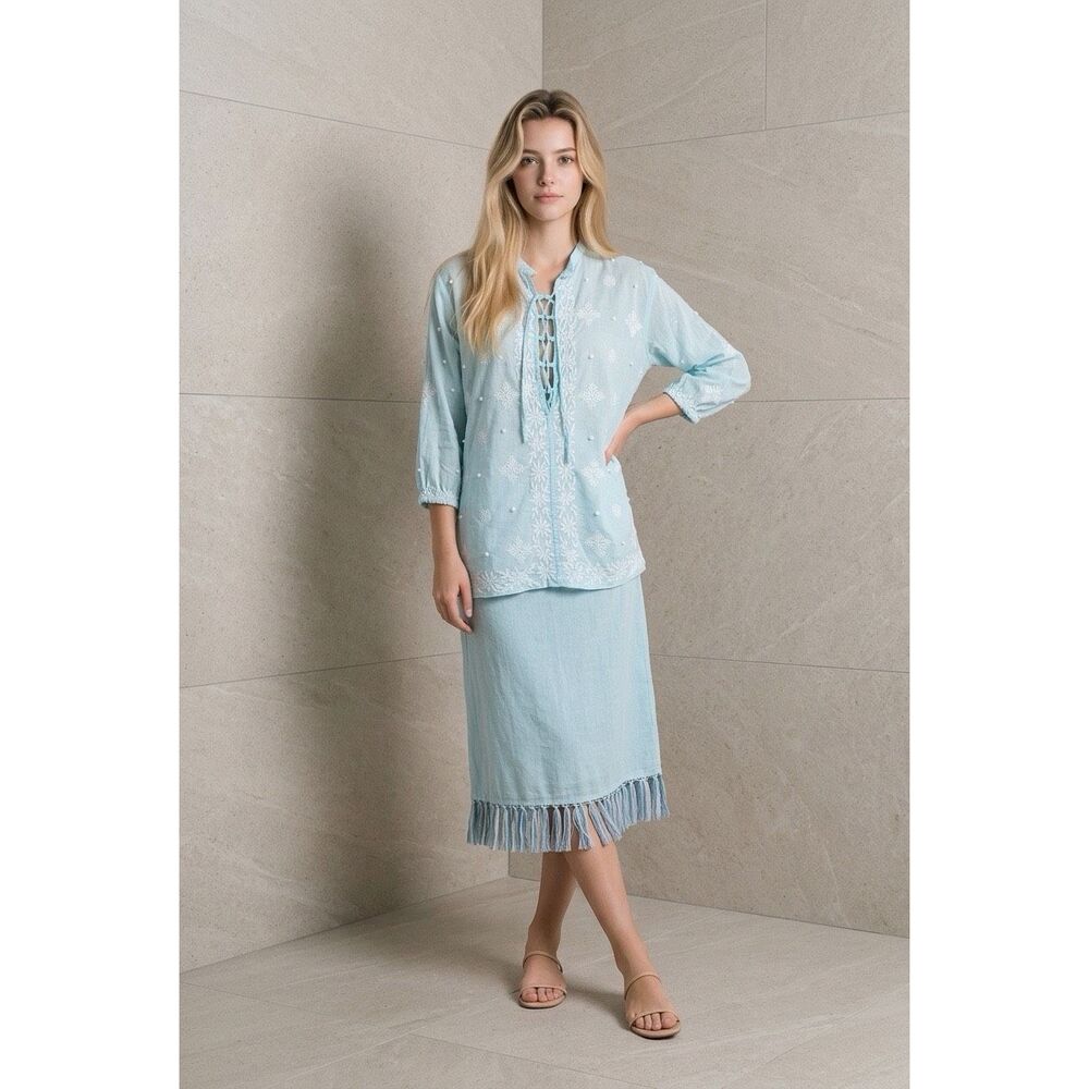 Letarte Hand Made Embroidered Cotton Tunic Aqua Blue Size S M Boho Lace-Up Blous